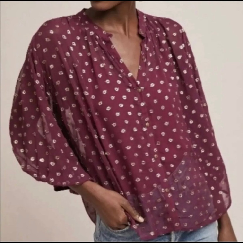 Moulinette Soeurs Anthropologie Allegra Burgundy Gold Foil Sheer Blouse Top XL